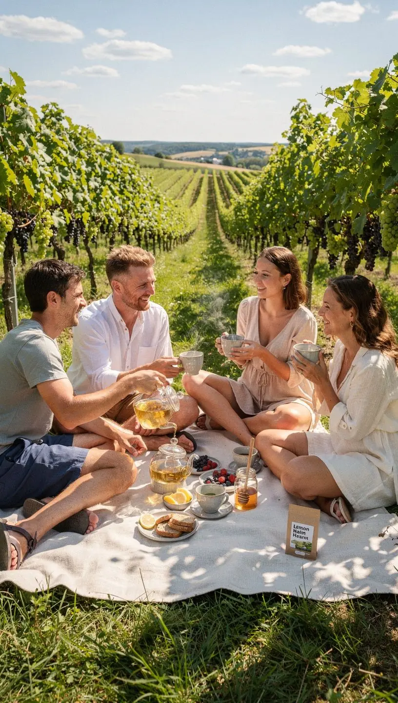 Žmonės atsipalaiduoja, mėgaudamiesi šiltu citrinų balzamo arbatos puodeliu, aplink juos ramus gamtos peizažas.