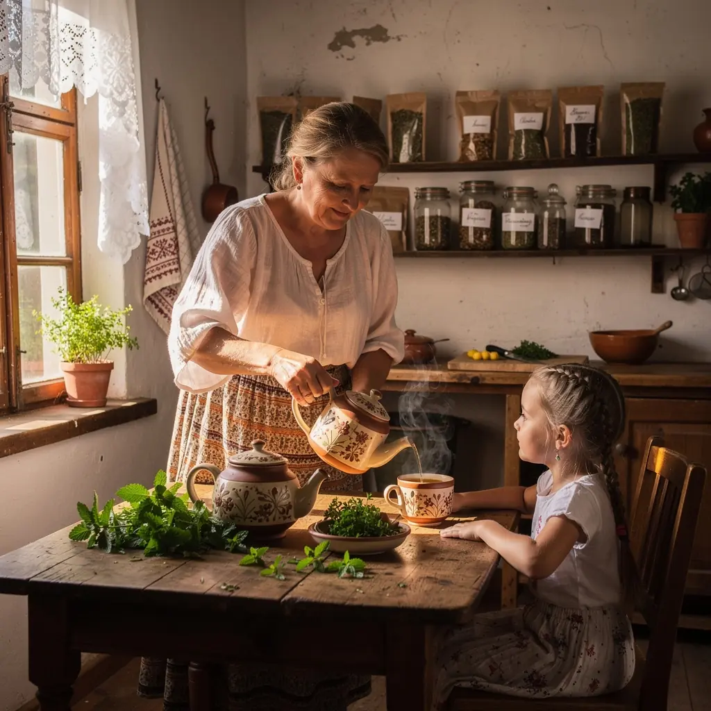 Raminantis arbatos mišinys, pristatomas elegantiškame indelyje, aplink jį išdėlioti citrinų balzamo lapai.