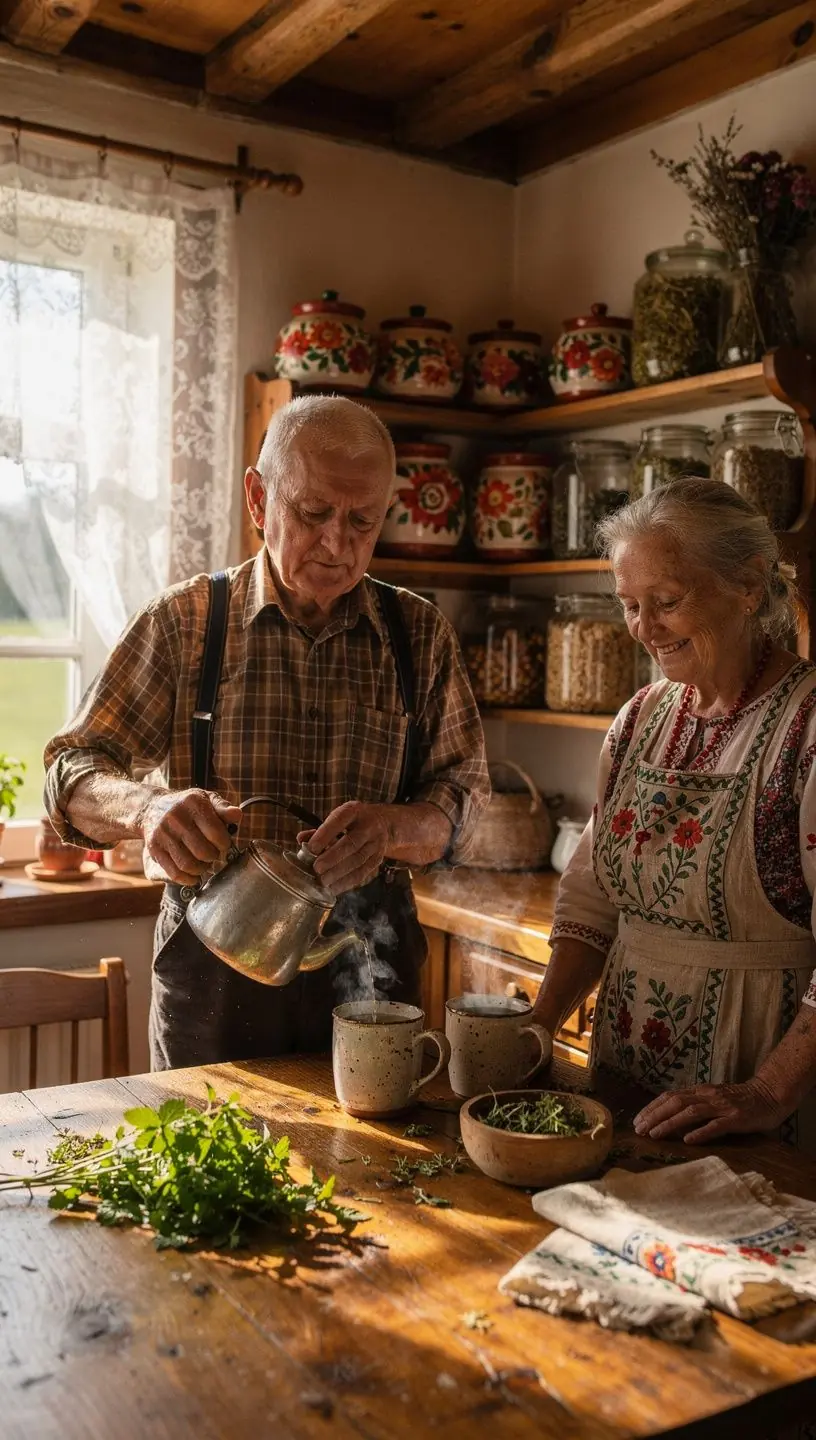 Citrinų balzamo širdies arbatos puodelis, pilnas šviežios žalios spalvos, šalia laukinių žolelių šakelių.